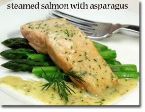 Steamed Salmon and Asparagus with Mustard Dill Sauce